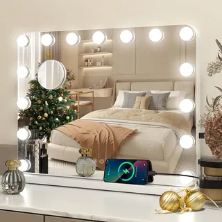 YU YUSING Hollywood Schminkspiegel mit Beleuchtung 58x45cm,15 Dimmbare Groß LED Licht, Kosmetikspiegel 3 Modi, Touch Control, Tischspiegel Wandspiegel, Schlafzimmer Schminktisch, Abgerundeten Ecken