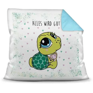 Print Royal Deko-Kissen Tiere mit liebem Spruch - Alles Wird gut - Schildkröte/Ich Liebe Dich/Geschenk für Freund, Freundin / 40x40 / Rückseite Himmelblau inkl. Füllung