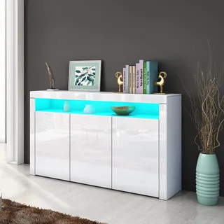 Ikewaier Sideboard Anrichte mit 3 Türen Hochglanz Front Anrichte Schrank Küche Lagerung Beistellschrank Fernsehtisch mit LED-Beleuchtung für Esszimmer Wohnzimmer Weiß 152cm