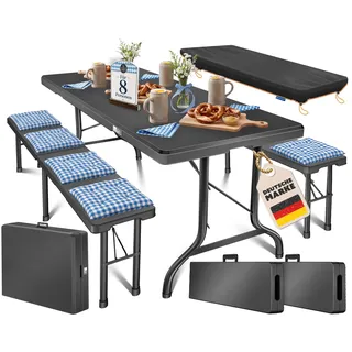 Kesser KESSER® Bierzeltgarnitur 3-teilig Set Tisch & 2x Bank Buffettisch für drinnen & draußen Gartengarnitur klappbar Kunststoff Klapptisch Gartentisch inkl. Abdeckung & Tragegriffe