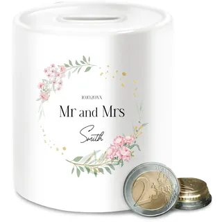 Spardose - Mr and Mrs Name Blumenkranz I Just Married Geschenkidee Brautpaar persönliche Geschenke zur Hochzeit I Wedding Gift - Unisize - Weiß - personalisierte hochzeitsgeschenke