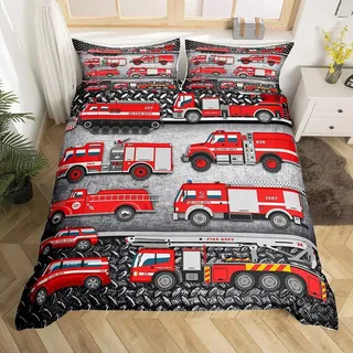 Feuerwehrwagen Kinder Jungen Bettwäsche Sets, Cartoon Auto Bett Feuerwehr Fahrzeug Bettbezug 135x200 cm Und Kissenbezug 80x80 (A2,220x240cm + 75x50 cm)