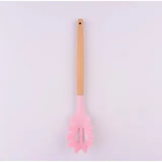 Nudelgabel mit Holzgriff, 31,5 cm, Silikon, Spaghetti-Gabel, Lebensmittelqualität, BPA-frei, Spaghetti-Löffel, Sieb und Servierlöffel (Rosa)