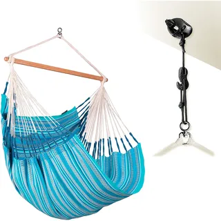 LA SIESTA®- Habana Hängesessel Comfort Size + Befestigungsset für Entspannung & Stil: 360° Drehgelenk, hochwertiges Bambusholz - GOTS-zertifizierte Baumwolle (Azure)