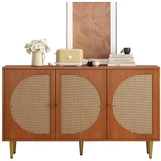 Modernes Sideboard aus Rattan mit 3 Türen und Metallbeinen, 129x40x76 cm, Verstellbare Regale für Wohnzimmer und Esszimmer, Nussbaum