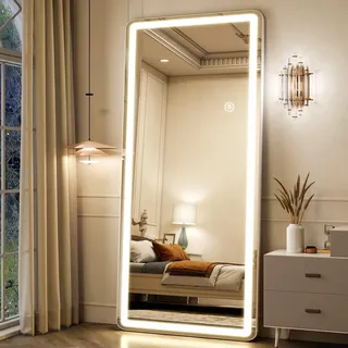 Koonmi LED Ganzkörperspiegel 180 x 66 cm Stabiler Rahmen mit Touch | LED-Spiegel mit Touchsteuerung, stufenloser Dimmung, 3 Lichtfarben und beschlaghemmender Oberfläche im Alltag für Zuhause