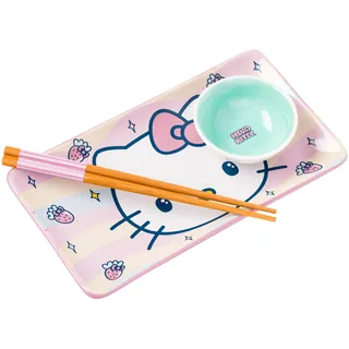 Silver Buffalo Sanrio Hello Kitty Erdbeeren und Schleifen Kawaii Keramik Sushi Set mit Dip-Soßenschale und passenden Essstäbchen