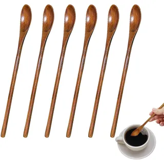 Lange Holzlöffel Klein, Natürliche Holz Löffel Langer Hölzerner Rührlöffel für Honig Kaffee Tee Getränke (6)
