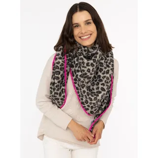 Zwillingsherz Dreieckstuch ZWILLINGSHERZ "Leo Leo", Damen, grau, Plüsch, Polyester, kontrastfarbene Details, mehrfarbig, Modetücher, Leomuster, pinke Kante, Teddyoptik