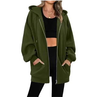 Sweatjacke Damen mit Kapuze Dünne Fleecejacke Kapuzenpullover Zipper Hoodie Lange Jacke Leicht Übergangsjacke Elegant Einfarbig Kapuzenjacke mit Taschen Strickjacke Casual Sweatshirt Locker Pullover - L