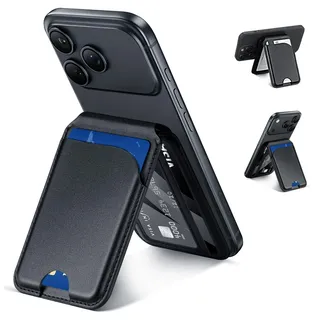 Cozary Magnetic Wallet für Handy, Verstellbarer Ständer, veganem Leder, Karten Halter mit 3 Kartenfächer, Magnetisches Handy Wallet mit Aufkleber, Geeignet für alle Mobiltelefone, Schwarz