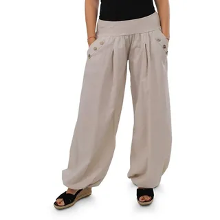 malito more than fashion Haremshose malito Damen Pumphose mit Holzzierknöpfen 23245H Pumphose Sommerhose locker und luftig Einheitsgröße beige|braun