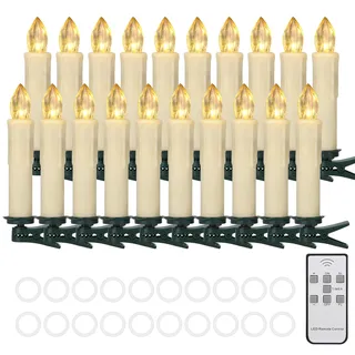 Cibnew Christbaumkerzen Kabellos Weihnachtskerzen Outdoor LED Kerzen mit Fernbedienung,Timer-Funktion Warmweiß Wasserdichte Dimmbar für Weihnachtsbaum,Geburtstags,Party(20er Beige)