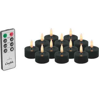 Candela Lights LED Kerzen 12er Set Ø4,5cm Winter schwarz glatt Echtwachs Teelicht mit Fernbedienung & Timerfunktion Flammenlose flackernde LED-Kerze mehrstufig dimmbar