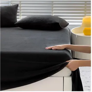 Flanell Bettlaken ohne Gummizug 160x230 200x230 230x250 Superweiches Samt-Betttuch Flauschige Cashmere Touch weiche Laken for Winter und Frühling(Black,200x230cm+48x74cm x2)