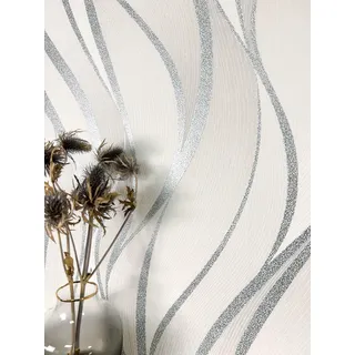 Newroom Vliestapete Weiß Silber Wellen Glitzer Tapete Wohnzimmer
