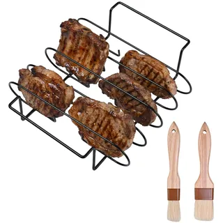 Spareribs Halter Grill, 31,3x25,3x7,3 cm Rippchenhalter Grill mit 2 Pinseln,Grill Rib Stand für 5 Spareribs, BBQ Rib Rack, Spare Ribs Halter, Braten und Rippchenhalter zum Grillen von Steaks, Rippchen