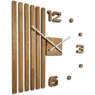 3D Wanduhren DIY Holz Eiche Lamellen große Wanduhr 60 cm 3D Wanduhr Modern Design EKO Wanduhren Wandtattoo Dekoration Uhren für Büro Wohnzimmer Schlafzimmer Dekoartikel Quarzuhr (weiße Zeiger)