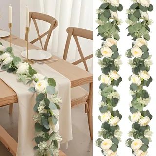 Fakeplant 2 Stück Künstliche Eukalyptus Girlande mit Rosen (198cm), Vintage Blumengirlande Champagner für Hochzeit Deko, Blumenranken Künstlich für Tischdeko, Wanddeko, Party & Frühlingsdeko