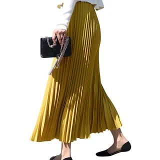 Camilife Damen Mädchen Plisseerock in Maxilänge Plissee-Maxirock Elastische Chiffon Langer Faltenrock Elastischer Bund für Frühling Sommer Herbst - 90cm Einfarbig Ingwer Gelb - 34-40