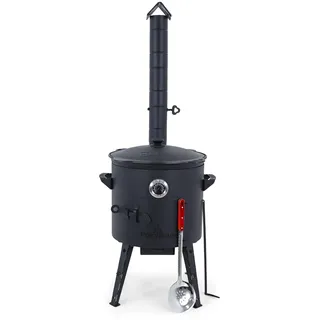 Utschak Feuerofen Ø 40 cm & Gusseisen-Kasan 12 L | Kazan-Set mit Deckel | Usbekischer Kochtopf für Grill & Plov | Flacher oder Runder Boden wählbar (Runder Boden)