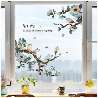 Juoungle Fensterbild 2 set Vögel auf Kirschblütenzweigen Fensteraufkleber,Fensterbild bunt