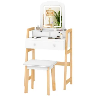 COSTWAY Schminktisch mit Hocker und LED, 3 Schubladen, höhenverstellbar, weiß weiß
