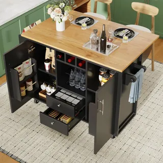 Küchenschrank mit Klappbarer Arbeitsplatte,Verstellbare Trennwand,Küchenwagen mit 5 Rollen,Freistehende Kücheninsel mit 2 Schubladen Flaschenregal und 2 Gewürzregal,120 x 73 (45) x 92 cm,schwarz