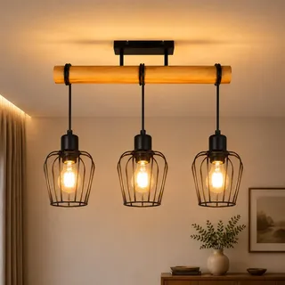ZMH Vintage Deckenleuchte Wohnzimmer E27 Deckenlampe Holz Schwarz | Wohnzimmerlampe 3 flammig im Industrial Design Küchenlampe aus Metall für Küche Esszimmer Restaurant - ohne Leuchtmittel
