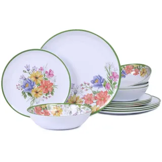 Lechoo 12-teiliges Geschirr-Set aus Melamin, Blumenmuster, grün, Camping-Geschirr-Set, Frühlings-leichte Teller und Schüssel-Sets, Service für 4 Personen, unzerbrechlich, spülmaschinenfest, für den