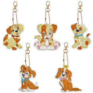 Fyihoxi 5 Stück Diamond Painting Schlüsselanhänger, Diamant Painting Anhänger Hund, 5D DIY Diamond Painting Keychain, Schlüsselanhänger Hund für Kinder Erwachsene Schultaschen Kleidung Dekoration