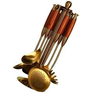 KüMAK 7-teiliger Edelstahl Küchenutensilien Set, Kochutensilien Set, Küchenhelfer, Kochgeschirr Set, Kochlöffel, Schaumlöffel, Schöpfkelle, Nudelkelle, Flachwender & Utensilienhalter (GOLD+HOLZ)