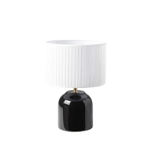 Schwarze Tischlampe aus glänzender Keramik und Lampenschirm aus weißem Plissee-Stoff H35 cm PIEGA