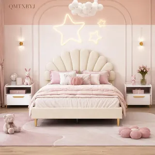 Polsterbett 140x200 mit Kopfteil in Blumenform, Doppelbett 140x200 für Mädchen, Kinderbett Bettgestell mit Lattenrost, Jugendbett Gästebett aus Samtstoff, für kinder/Erwachsenen, Ohne Matratze
