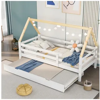 SOFTWEARY Hausbett mit Gästebett (90x200 cm), Kinderbett mit Rausfallschutz und Lattenrost weiß