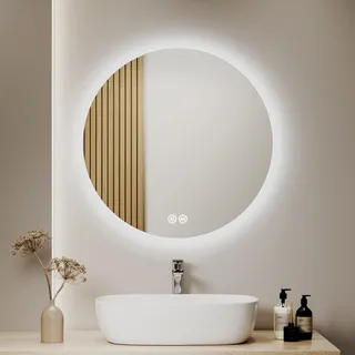 S'AFIELINA Badspiegel Rund 70cm Badezimmerspiegel mit Beleuchtung Dimmbar LED Badspiegel Rund mit Touch Schalter 3 Lichtfarbe Warmweiß Neutral Kaltweiß Lichtspiegel