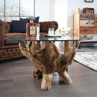 LEBENSwohnART Teak Couchtisch ZONAS 110cm Natural Massivholz Wohnzimmertisch Wurzelholz