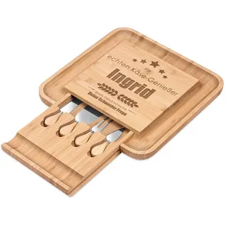 Maverton Käsebrett Servierplatte mit Gravur + 4er Käsemesser Set, aus Holz | 34X34cm, Geschenke für Männer zum Geburtstag, Käse-Genießer
