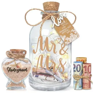 LuxusKollektion Spardose Geldgeschenk LED Flaschenlicht Spardose Brautpaar Mr & Mrs beige