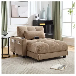 BBG Sessel Cord Sessel XXL mit USB & Type-C Anschluss, 140x112x81 cm (Loungesessel mit Getränkehalter & Seitentasche), Weicher Fernsehsessel mit Kissen, Moderner Relaxsessel braun