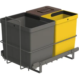 LM 79/3A Mülleimer Küche Unterschrank ausziehbar 3 Fächer Biomülleimer, Mülltrennsystem 16L anthrazit 8L gelb 8L braun mit Deckel, Küchenschrank Abfalleimer Gelber Sack Made in Finland, 332x480x355 mm
