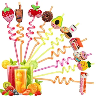 OPVYAEU 10 Stück Strohhalme Plastik Wiederverwendbar, Donut & Erdbeere Lockige Trinkhalme Kinder, Bunte Spiral Strohhalme für Kindergeburtstag Party Deko & Cocktail