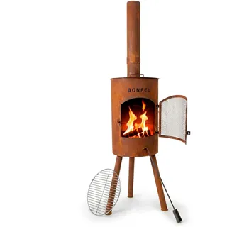BonFeu Bongiano SP Rost - Terrassenofen - Feuerstelle mit Funkenschutz für entspannte Abende - Feuersäule Outdoor - Terrassenkamin mit Grillrost - Gartenofen aus hochwertigem Stahl - 30x30x142cm