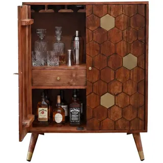 Wohnling Barschrank WL7.442 Massivholz 75cm Bar Weinschrank Design Hausbar Handmade (Extravagantes Barmöbel mit 3D-Wabenmuster) Viel Stauraum mit Weinregal und Weinglashalter braun|goldfarben