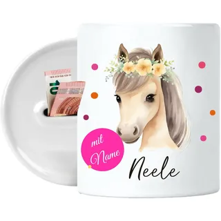 4you Design Keramik Spardose für Kinder personalisiert – Punkte Pferd – Sparbüchse mit Namen - Geschenk für Jungen & Mädchen zur Einschulung, Weihnachten, Geburtstag – 9,5cm hoch Ø 8cm