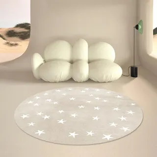 Yaaxinb Runder Kind Teppich Wohnzimmer Teppich 130 cm Cartoon hellgrau mit weißen Sternen