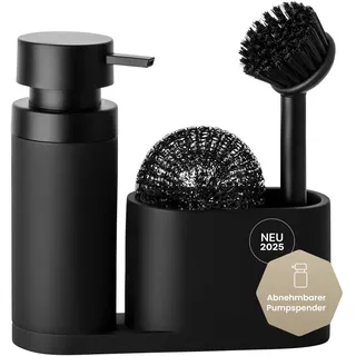 blackswedenhome. Design Spülbecken Organizer mit entnehmbaren Spülmittelspender Spülbürste und Schwamm - Küchenorganizer - Spüle Organizer aus Kunststein Sink Spül Set Seifenspender schwarz matt