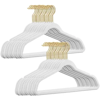 Samt Kleiderbügel weiß 50 Stück mit goldenen Haken – edel & rutschfest - StickandShine - Weiß/Gold