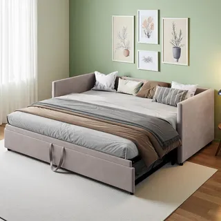 Poeahu Schlafsofa 90/180x200cm mit Lattenrosten, Polsterbett mit Ausziehbett, Mehrzweck Schlafsofa,Klappsofa 2-Sitzer mit Rückenlehne AUD Schlaffunktion, Samt, ohne Matratze (Grau, 213 x 183 x 74 cm)