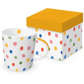 Tasse mit bunten Punkten, Weiß mit mehrfarbigem Polka Dot Design, inklusive Geschenkbox mit gelbem Deckel